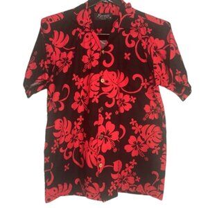 Favant Hawaiian Shirt Mens Medium Red Black Hibiscus Floral Print 100% Cotton